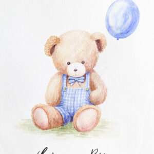 Watercolor painting of a teddy bear with a balloon with a child's name for nursery decor.