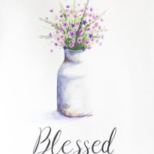 Watercolor painting of a bouquet of flowers in an old jug with the text "Blessed"