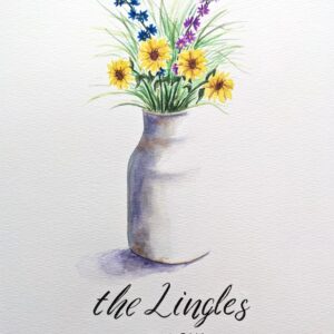 Watercolor flower arrangement in a rustic milk can with each flower representing a member of the family. Family name and established date at the bottom.